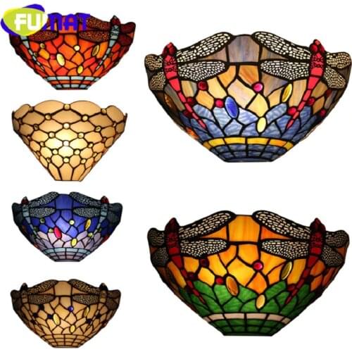 FUMAT Tiffany Wall Lamps Stained Glass Blue Green Orange Dragonfly Drawing Lampshade Semicircle Lights Handcraft Arts Home Deco