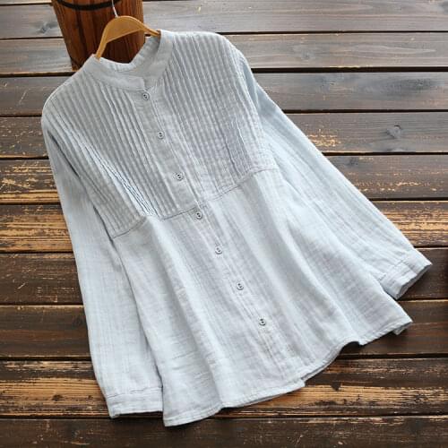 7521 Spring Women Blouse Japan Style Literary vintage Stand Collar Cotton Long Sleeve Shirt Loose Casual Tops Women