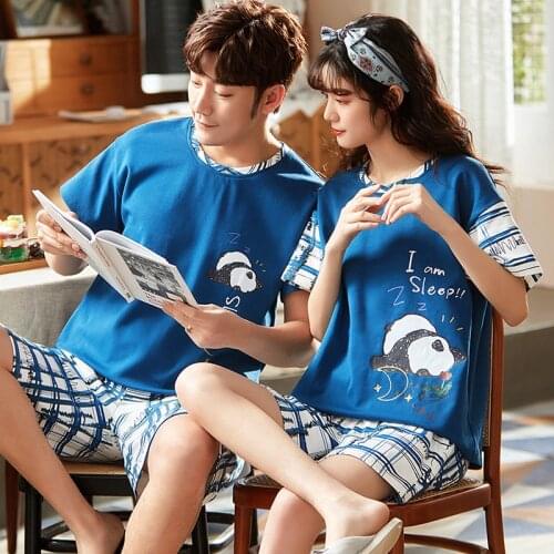 Summer Couple Pajamas Set Cotton Blue Plaid Short Sleeve Plus Size Homewear Nightwear Cartoon Panda Print Cute Women Sleepwear