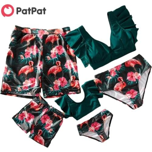 PatPat 2021 New Summer Ruffle Sleeve Flamingo Print Matching Swimsuits