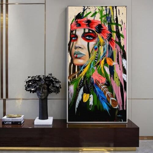 Feather Indian Woman Wall Art Canvas Prints Pop Art Wall Paintings Print On Canvas Colorful Girl Wall Pictures Home Decoration