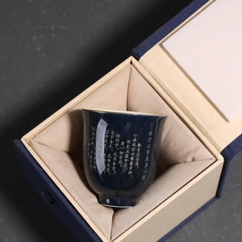 PINNY 80ML Indigo Scripture Carving Teacups Porcelain Chinese Kung Fu Tea Cup Ceramic Glaze Drinkware Tea Service