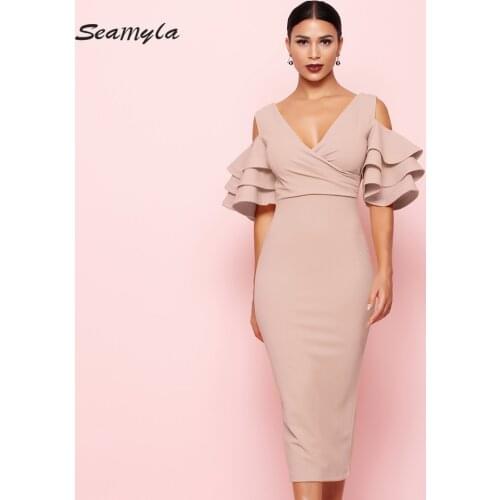 Seamyla New Summer Elegant Dress Women Sexy Evening Party Dresses Petal Sleeve Off Shoulder V Neck Runway Bodycon Midi Dresses
