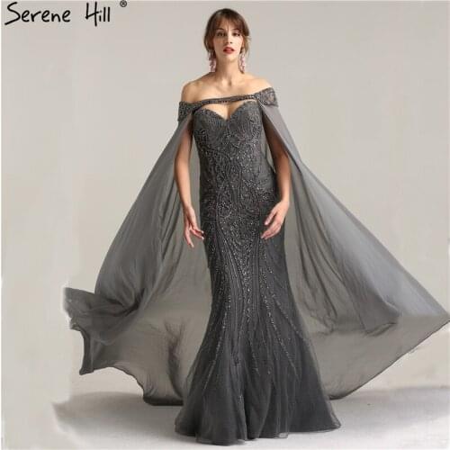 Luxury Crystal Beaded Mermaid Gray Evening Dresses with Detachable Shawl 2020 New Design Party Gown Dubai Robe De Soiree BLA6246