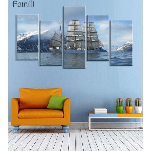 Modern Canvas Prints Artwork Seascape Sailboat 5Pcs/set Sea Photo Paintings Canvas Wall Art Decor for Living Room Home Decor