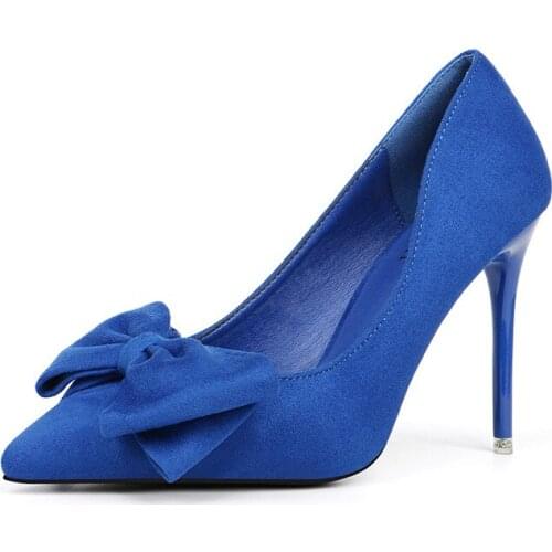 NEW 10CM PUMPS Womens shoes New fashion sweet stiletto super high heel shallow mouth pointed suede bow womens shoes