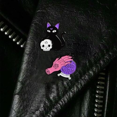 Bad Witch Pin Crystal Ball Witch Hands Black Cat Skull Head Pin Set Hard Enamel Pin Halloween Jewelry
