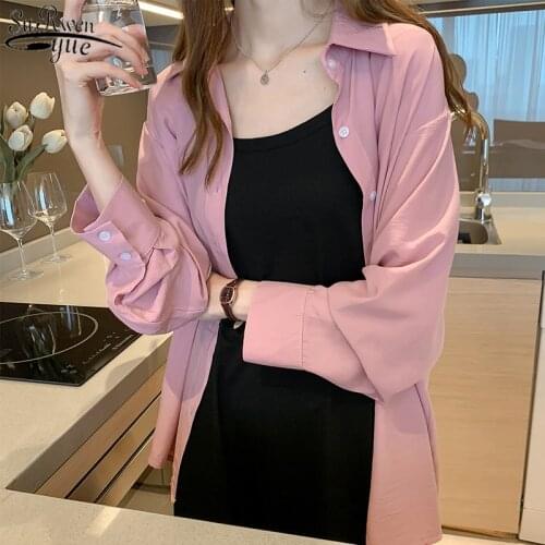 2021 Autumn New Womans Shirt Korean Style Loose Lazy Top Women Solid Turn Down Collar Long Sleeve Shirt Feminine 9358