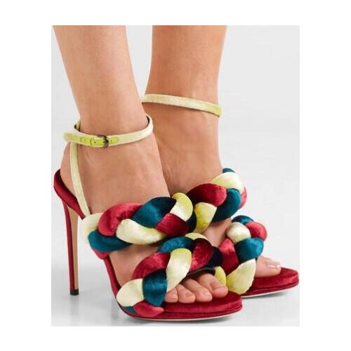 Summer 2018 Ladies Mixed Color Ankle Strap Sandals Woman Twist Braid High Heels Dress Party Shoes Woman Sexy Suede Shoes