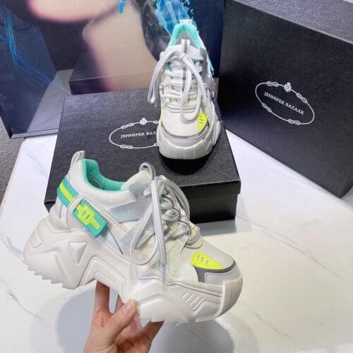 Women Chunky White Shoes Fashion Design High Platforms Heels Sneakers Real Leather Luxury Brand Lady Casual Shoes 2021 Spring