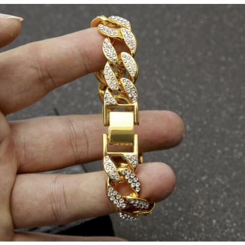 Luxury Hip Hop Jewelry Gold Bracelet Iced Out Miami Cuban Link Bracelet With Rhinestone Fashion Bracelet & Bangles