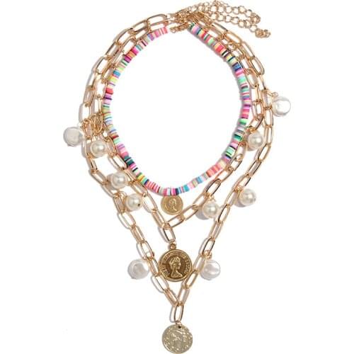 Flatfoosie Three Layers Metal Choker Necklace For Women Trendy Gold Color Carve Portrait Coin Long Chain Necklace Christmas Gift