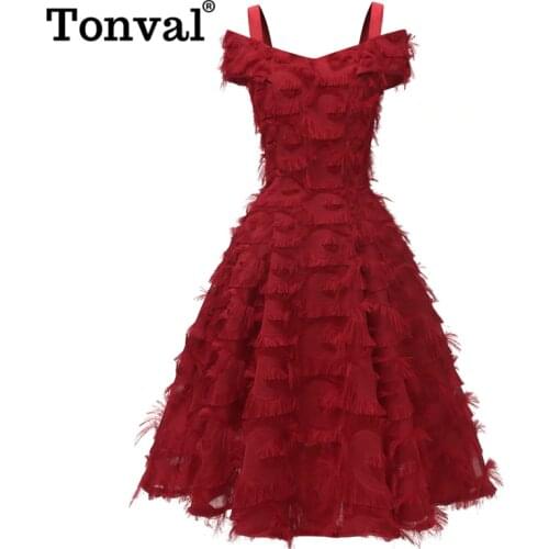 Tonval Burgundy Cold Shoulder Glamorous Fringe Midi Dress Women Party Night Spaghetti Strap Elegant Flare Vintage Dresses