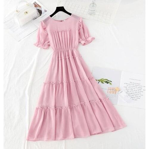 2021 Summer Womens Solid color Chiffon Dress Femme Robe Short Sleeve Fashion O-Neck Sweet Pink Dress Elegant Clothing