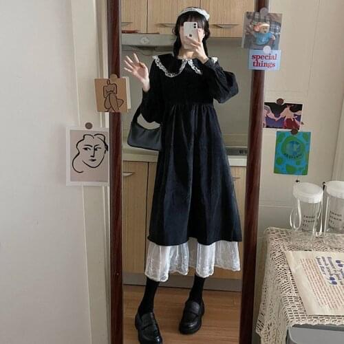 Winter 2020 New Fashion Japanese Vintage Black Sweet Regular Women Dress Peter Pan Collar Lace Patchwork Lolita Women Dresses