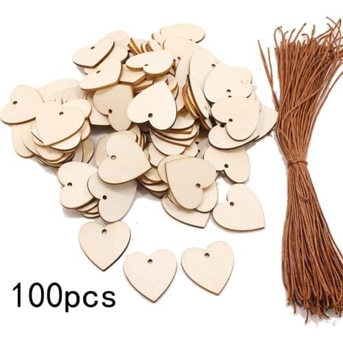 100Pcs DIY Wooden Heart Pendant Cafe Ornament Christmas Valentine Wedding Party Favor Decoration
