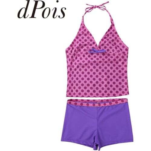 2PCS Purple Kids Girls Halter Neck Polka Dots Tankini Swimwear Swimsuit Set Tops with Pants Bottoms Beach Bathing Suits Summer