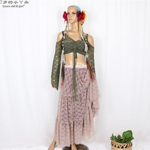 2019 ATS Gothic Tribal Belly Dance Clothing Lace Tank Top Choli Off Shoulder Long Sleeves Gypsy COO01