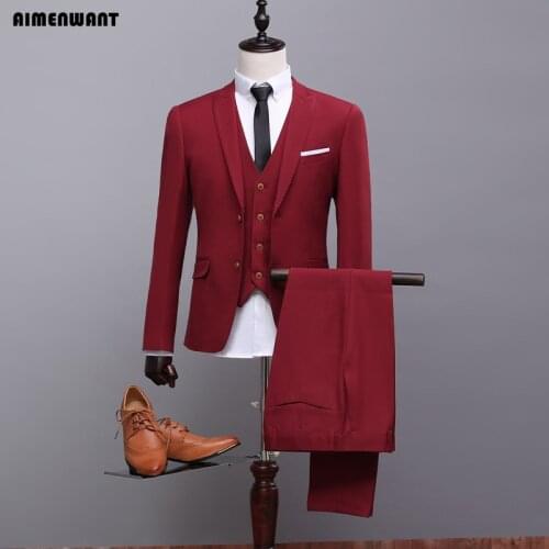 AIMENWANT Mens Wine Red 3-Piece Suit (Jacket+Vest+Pants) Customize Grooms Suits Host Blazer High Quality Dinner Suit as Gift