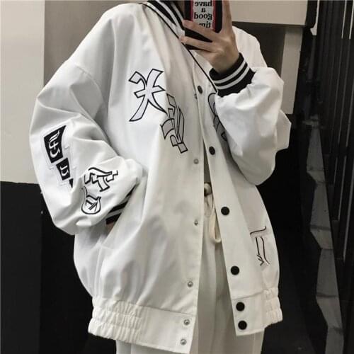 HOUZHOU White Vintage Baseball Jacket Streetwear Autumn Oversized Harajuku Korean Fashion Couple All-match Black Jackets Women