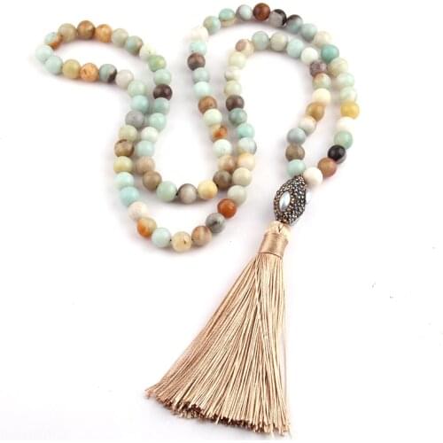 Free Shipping Fashion Amazonite Stones Bohemian Tribal Jewelry Oval Pearl Crystal Ball & Tassel Necklace