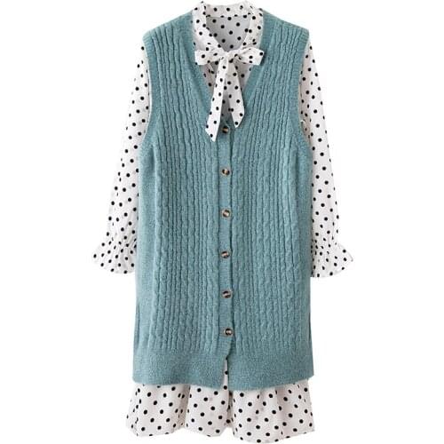 PERHAPS U Black White Knitting Tank Sleeveless Button Vest With Shirt Bow Collar Long Sleeve Polka Dot Dress Set Elegant T0231