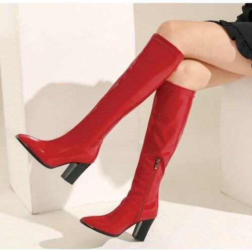 Black Red Spring Autumn Women Boots Shiny Leather Fashion Knee High Boots Winter Sqaure High Heel Long Boots Zipper Shoes