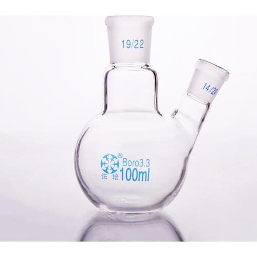 Two-necked flask oblique shape,with two necks standard ground mouth 100ml,Mid 19/22,Side 14/20,Two-necked flat bottom flask