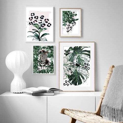 Leopard Zebra Abstract Plant Posters and Prints Tropical Jungle Wall Decoration Green Leaves Pictures for Living Room Home Decor