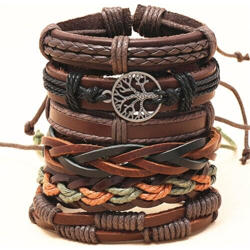 Bracelets sets Brown Handmade Woven Trendy Black Brown Genuine Leather Bracelets Men Bangles Women Male Gift Jewelry