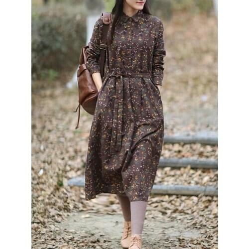 Autumn new floral dress womens pure cotton velvet digital printing casual lace up skirt n603