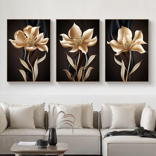 Modern Abstract Black Golden Luxury Flower Wall Art Canvas Painting Posters And Prints Wall Pictures For Living Room Home Decor