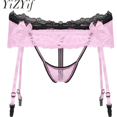 Skirted Thong Briefs Panties Mens Lingerie Sissy with Adjustable Garter Belt G-String Lace Bowknot Crotchless T-Back Underpants