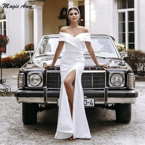 Magic Awn Simple Off The Shoulder Mermaid Wedding Dresses Side Split Boho Bridal Gowns Sweep Train Cheap Customized Vestidos