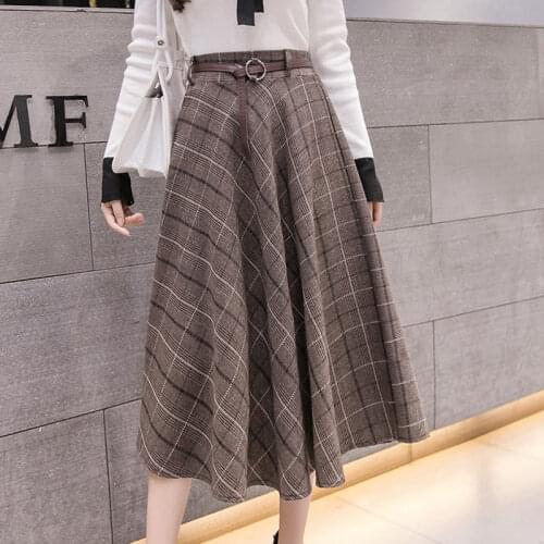 Chic Jupe Femme Vintage with Belt High Waisted Plaid Skirt Women Spring Autumn A-Line Long Maxi Skirts Mujer Faldas Y696