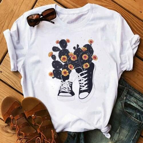 2020 New T-shirt Women Cartoon Cactus and Shoes Printed Top Female T Shirts O Neck Short Sleeve White Tee Tops Clothes