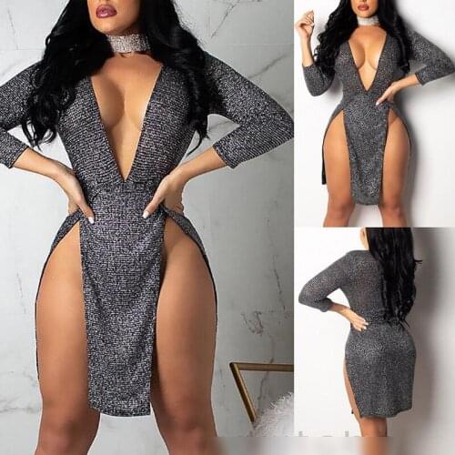 Women Dress Hot Sexy Ladies Sequined Party Clubwear Deep V-Neck Long Sleeve Split Bodycon Dancing Cocktail Slim Clothing