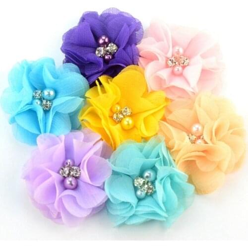 200pcs/lot 1.97" Chiffon Flowers With Pearl Rhinestone Fabric Flowers For Girls Headband Headwear Craft Fake Flower Wholesale