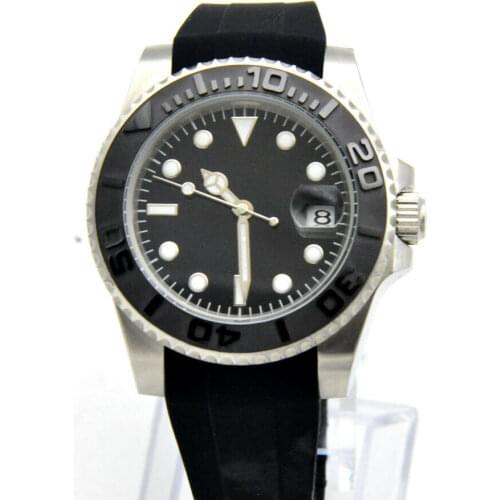 40mm Black No LOGO Dial Luminous Date Ceramic Ring Yacht Automatic Mechanical Watch Rubber Strap