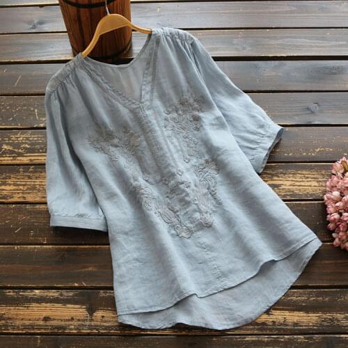 6380 New Summer Women Tops Literary Cotton and linen Thin Embroidery V-neck Short Sleeve Casual Pullover Shirt Women