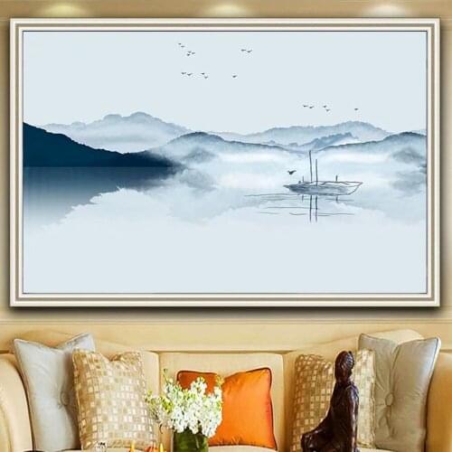Abstract Chinese Paintings Big Size Minimalist Mountain River Bird Forest Landscape Painting Posters and Prints Picture Modular