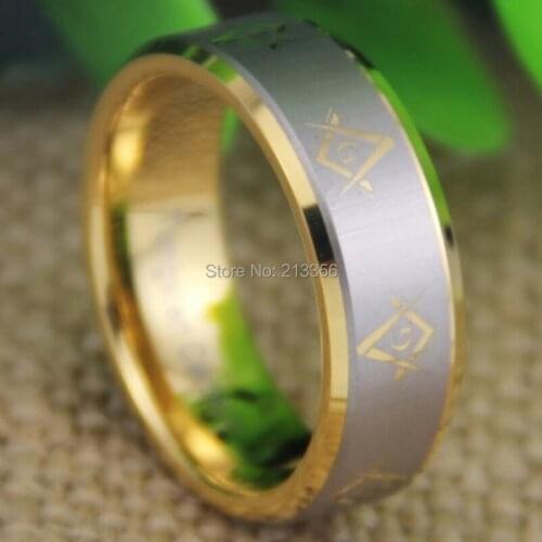 Free Shipping USA UK CANADA RUSSIA Brazil Hot Selling 8MM Freemason Masonic New Golden Beveled Lord Mens Tungsten Wedding Ring