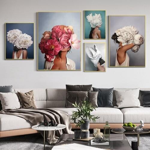 Flowers Woman Modern Art Canvas Paintings On the Wall Art Posters And Prints Feather Woman Nordic Art Wall Pictures Home Decor