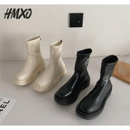 HMXO Elastic Soft Leather Womens Boots Thick-soled Motorcycle Martin Boots Womens Fashion Low-heeled Casual Ladies Short Boots