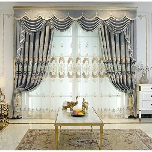 European Luxury Gray Curtains for Living Room Large Hollow Atmosphere Villa Bedroom Embroidered Curtains Tulle Valance Custom