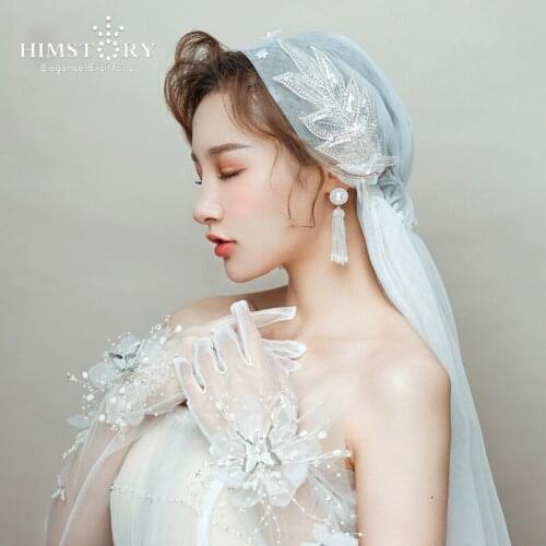 HIMSTORY New Designs White Long Bridal Veils Handmade Lace Leaf beaded European Bridal Wedding Veils