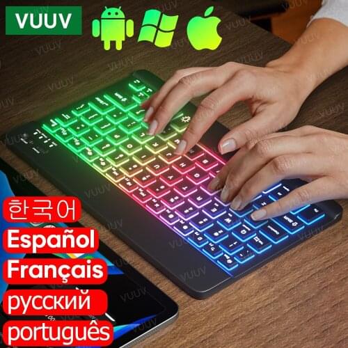 Rainbow Backlit iPad Keyboard For Tablet Phone Laptop Spanish Russian Portuguese Wireless Bluetooth Keyboard For Xiaomi Samsung