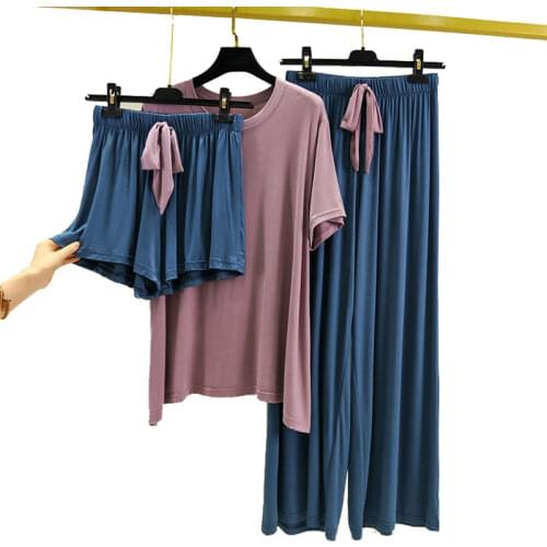 3-piece Set Modal Loungewear Women Short Sleeve Pajamas Shorts Trousers Suit Casual Homewear Female Summer Sleepwear Loose 2021