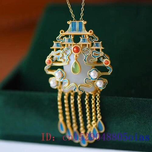 White Jade Heavenly Palace Pendant Chinese Crystal Women Fashion Jewelry Chalcedony Natural Necklace Zircon 925 Silver Amulet