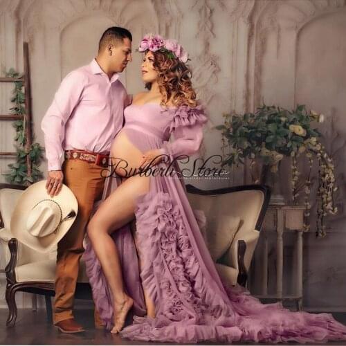 Trendy Dusty Pink Tulle Ruffles Long Robe For Pregant Women Dresses Sexy Open Front Puffy Maternity Dress To Photo Shoot